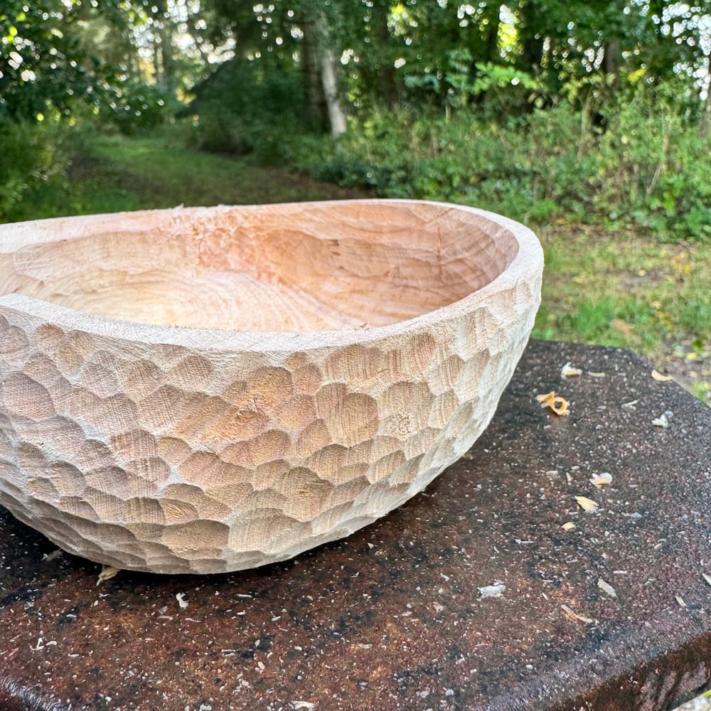 Textured birch bowl with unique carved surface